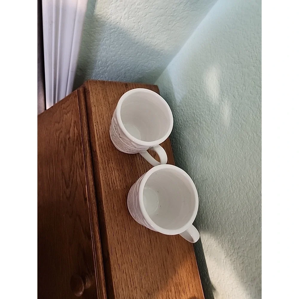 (2) Pier 1 Stoneware Coffee Mugs Hand Painted Chateau Clair Ivory-White Embossed